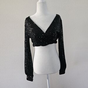 Adika Black Sequin Tie-Back Faux Wrap Top Size Small.